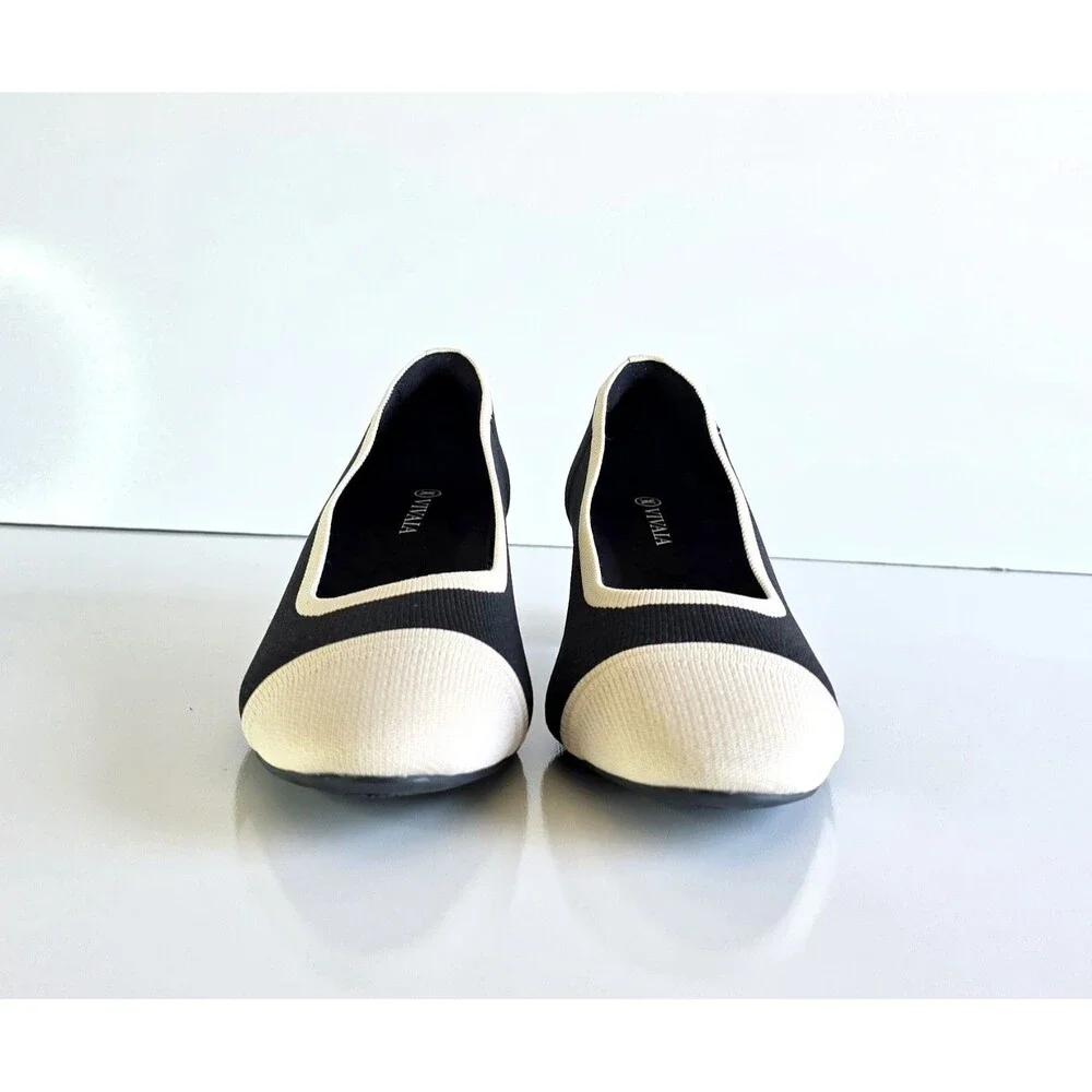 VIVAIA Julie Arch Pro Almond Toe Chunky Heels Black Ivory 40.5 9 9.5 Knit Pumps